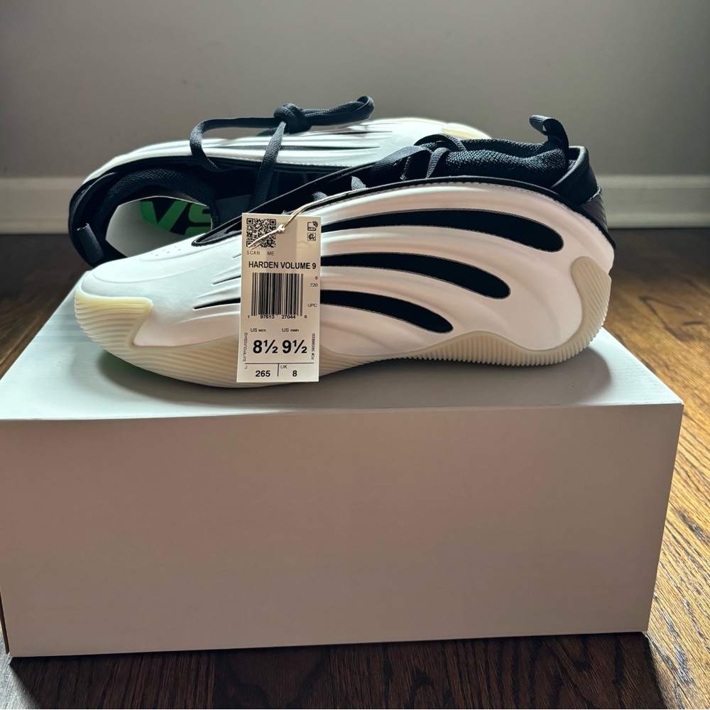 adidas Harden Volume 9 White and Black Low-Top Sneakers with Green Insole Accent